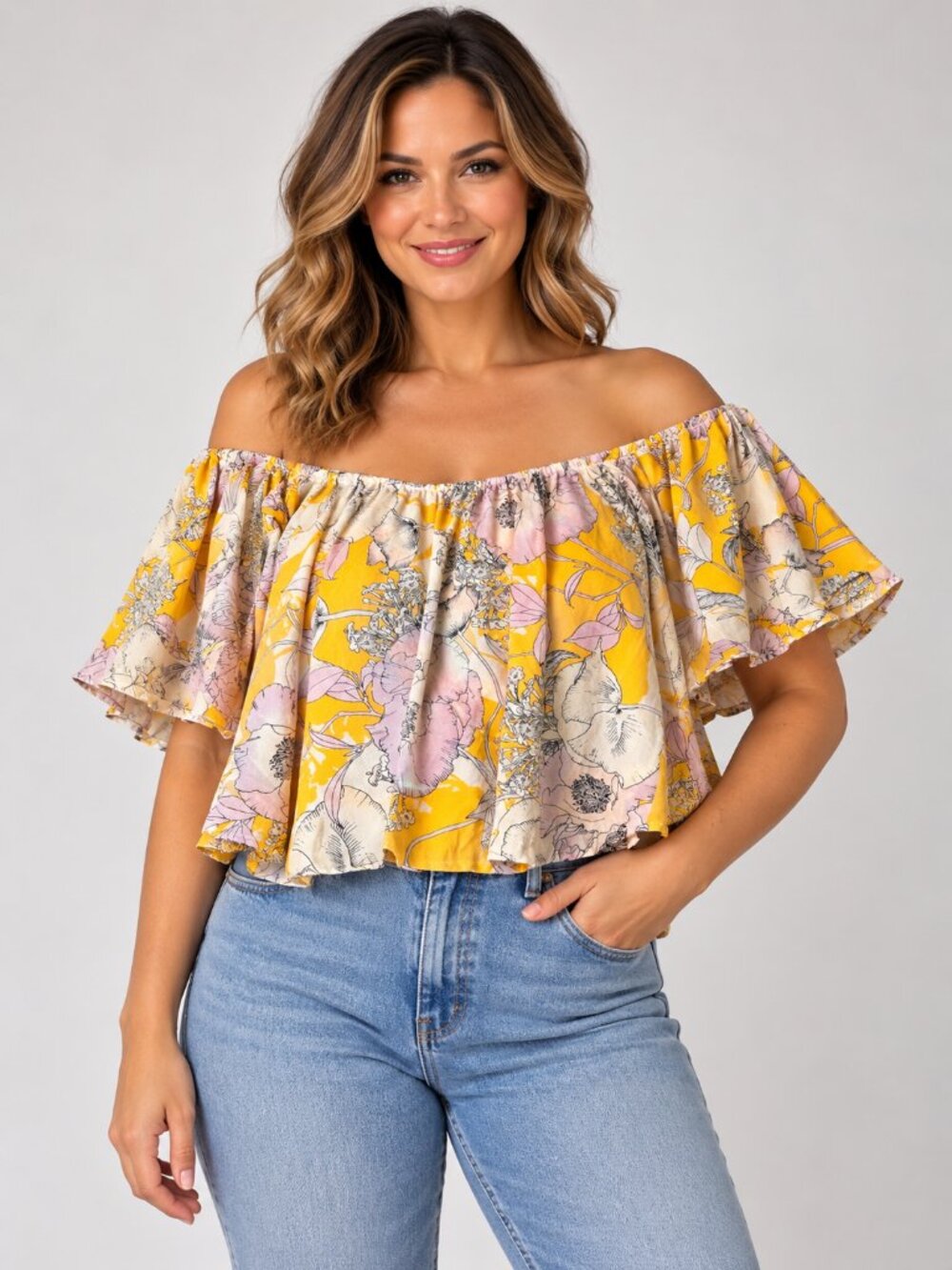 Yumi Kim 100% Silk Bora Bora Yellow Floral Off Shoulder Top Small